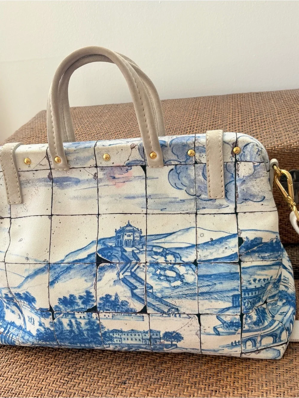 Prada Blue and White Scenic Satchel with Cream Handles
